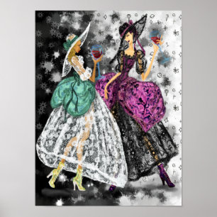 Twee dames in het zwart en wit, moderne jurken poster