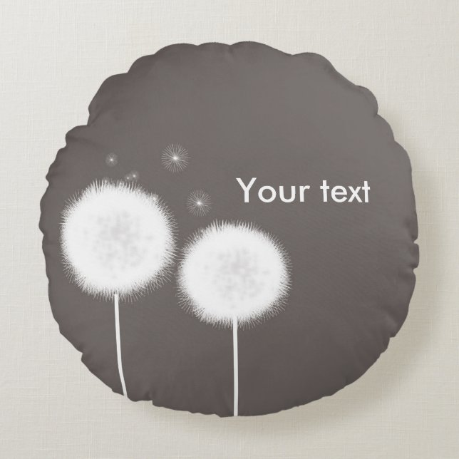 Twee Dandelions Taupe Rustic-landen Rond Kussen (Voorkant)