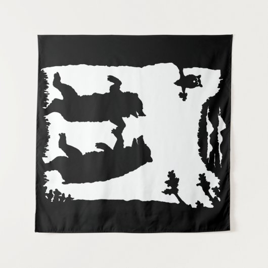 Twee Dansende Zwarte Beren Uilenbomen Zwart Silhou Wandkleed (Voorkant (horizontaal))