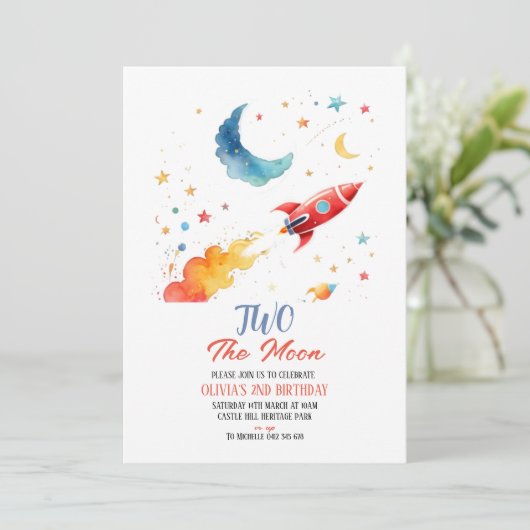 Twee de Maan 2e Verjaardag Uitnodiging Rocket & St (Staand voorkant)