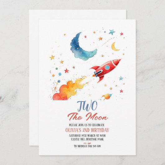 Twee de Maan 2e Verjaardag Uitnodiging Rocket & St (Voorkant / Achterkant)
