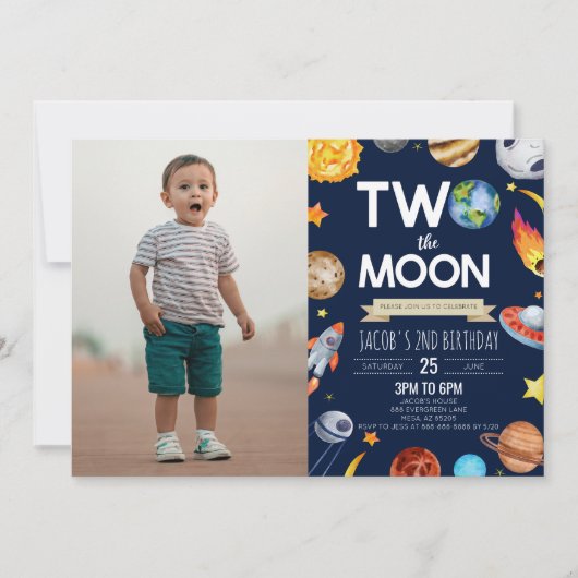 Twee De Maan Buitenruimte Blauw 2e Verjaardagsfees Kaart (Voorkant)
