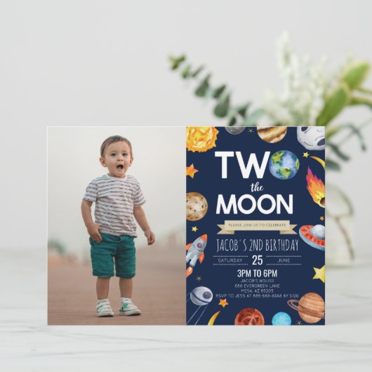 Twee De Maan Buitenruimte Blauw 2e Verjaardagsfees Kaart (Staand voorkant)
