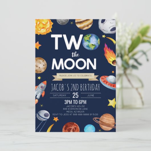 Twee De Maan Buitenruimte Blauw 2e Verjaardagsfees Kaart (Staand voorkant)