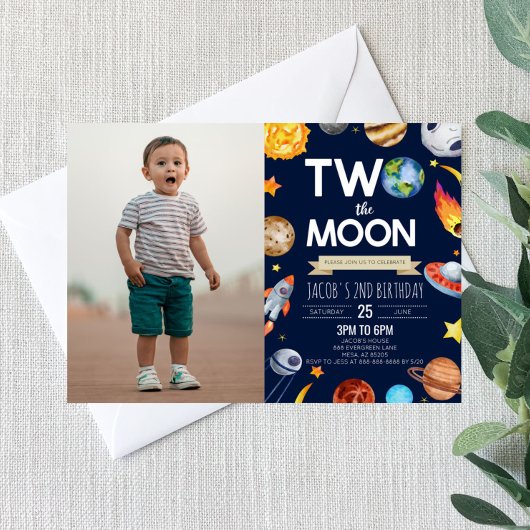 Twee De Maan Buitenruimte Blauw 2e Verjaardagsfees Kaart