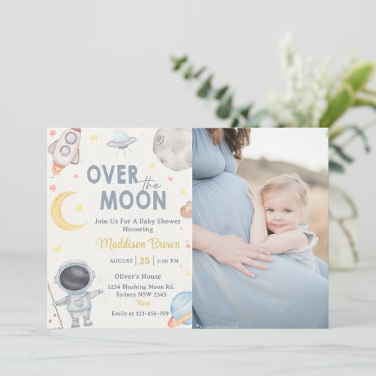 Twee De Maan Buitenruimte Blauw Baby shower Feest Kaart (Staand voorkant)