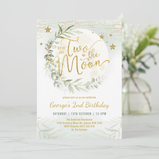 Twee de Maan Groen Goud Neutraal 2e Verjaardag Kaart (Staand voorkant)