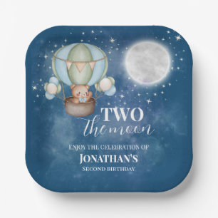 Twee De Maan Jongen Beer Ballon 2e Verjaardag Papieren Bordje
