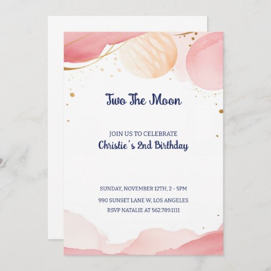 Twee De Maan Meisje 2e Verjaardag Feest Uitnodigin Kaart (Voorkant / Achterkant)