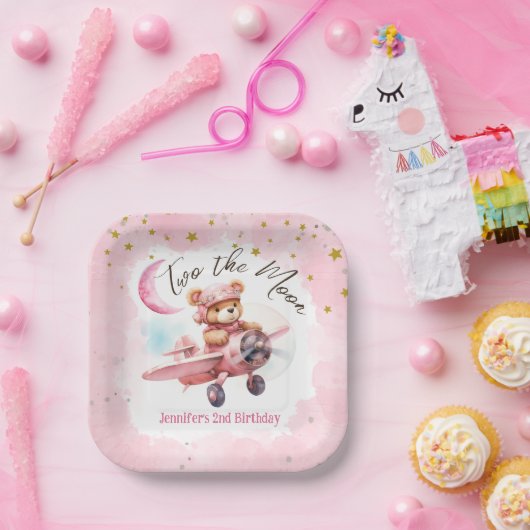 TWEE de maan | Meisje Roze 2e Verjaardag Papier Papieren Bordje (Feest)