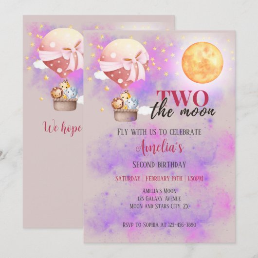 Twee De Maan Meisjes Dieren Ballon 2e Verjaardag Kaart (Voorkant / Achterkant)