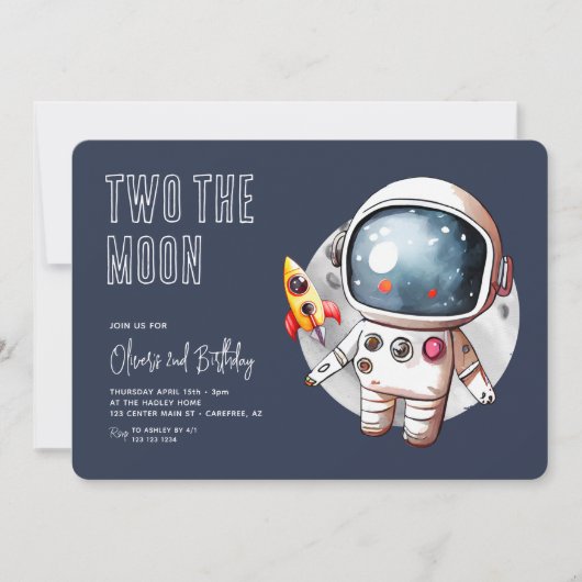 Twee De Maan Modern Blauw 2e Verjaardag Kaart (Voorkant)