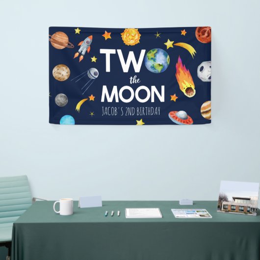 Twee De Maan Outer Space Planet Verjaardagsfeest Spandoek (Beurs)