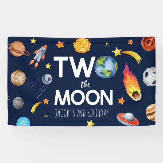 Twee De Maan Outer Space Planet Verjaardagsfeest Spandoek (Horizontaal)