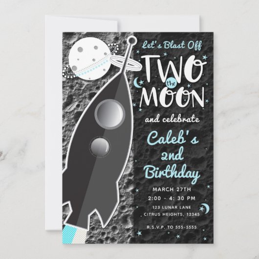 TWEE DE MAAN Rocket Ship Space 2e verjaardagsfeest Kaart (Voorkant)