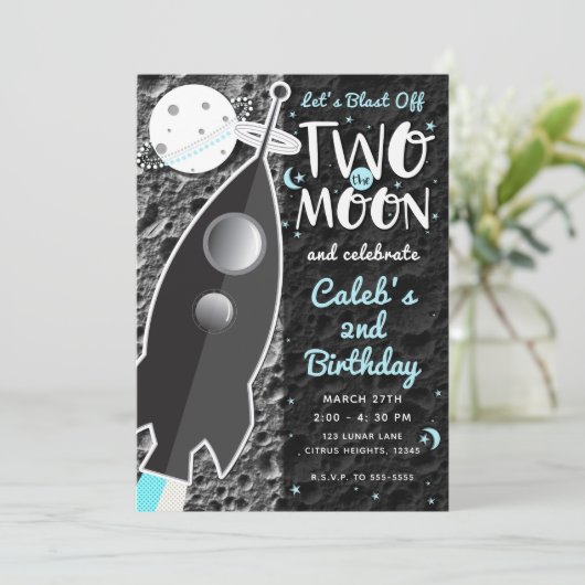 TWEE DE MAAN Rocket Ship Space 2e verjaardagsfeest Kaart (Staand voorkant)