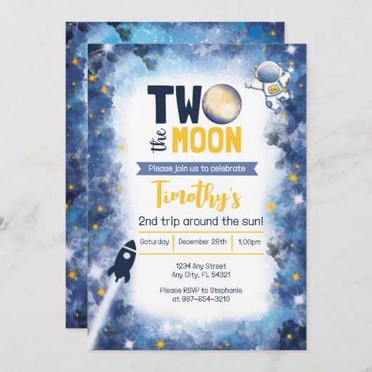 Twee de Maan Ruimte 2e Verjaardag Uitnodiging (Voorkant / Achterkant)