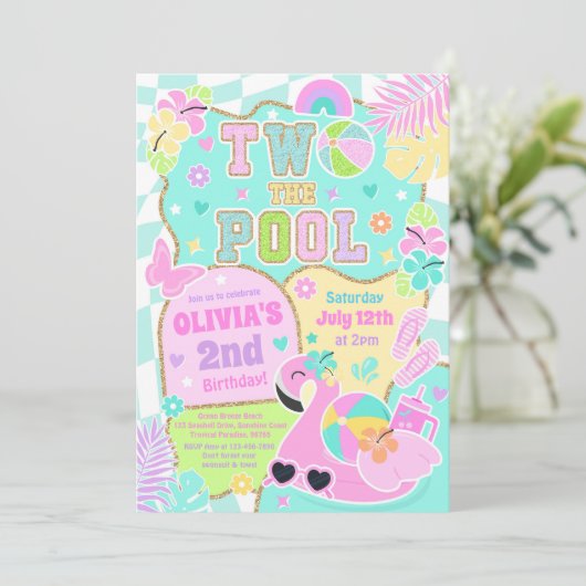 Twee De Pool Preppy Girly 2e Verjaardag Pool Party Kaart (Staand voorkant)