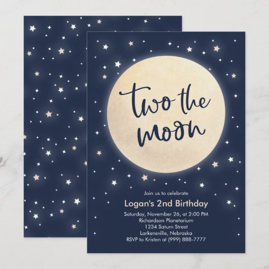 Twee de uitnodiging van de Moon Birthday Party (Voorkant / Achterkant)