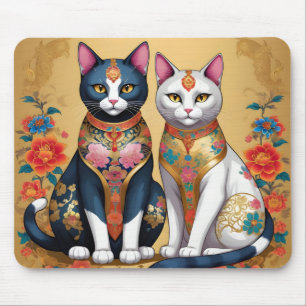 Twee decoratieve bloemenkatten muismat