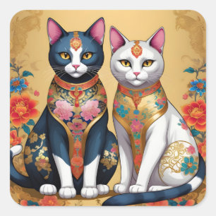Twee decoratieve bloemenkatten vierkante sticker
