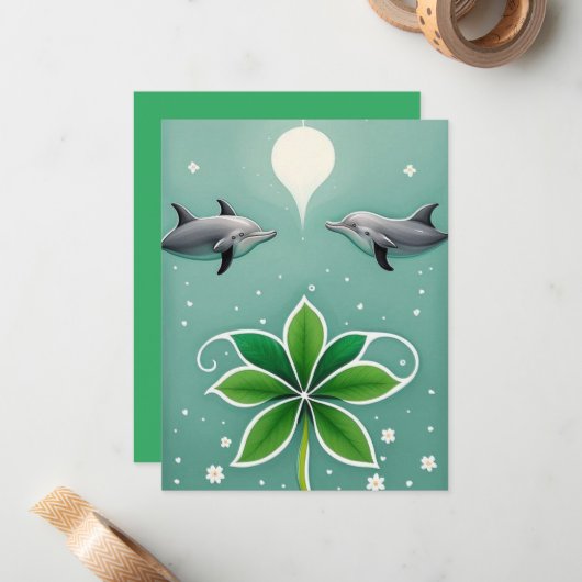 Twee dolfijnen zwemmen notitiekaartje (Voorkant / Achterkant in situ)