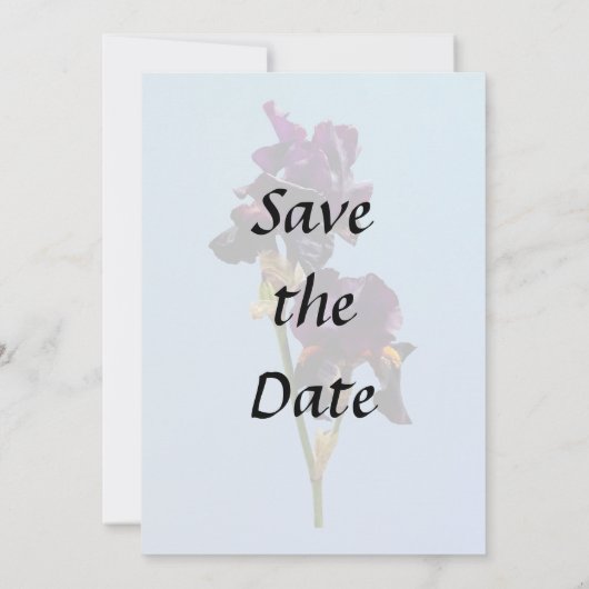 Twee donkere Paarse Irises sparen de Datum Save The Date (Achterkant)