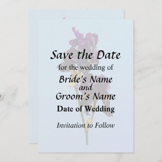 Twee donkere Paarse Irises sparen de Datum Save The Date (Voorkant / Achterkant)