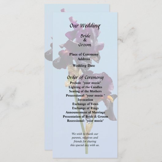 Twee donkere Paarse Irises Wedding Programme Programmakaart (Voorkant / Achterkant)