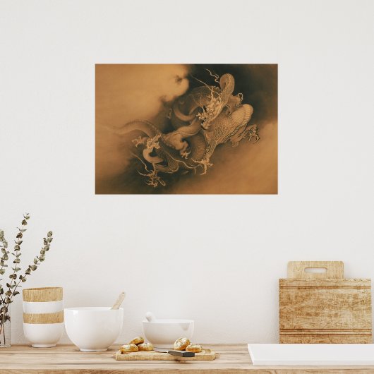 Twee Dragons in de wolken  Japans Poster (Keuken)