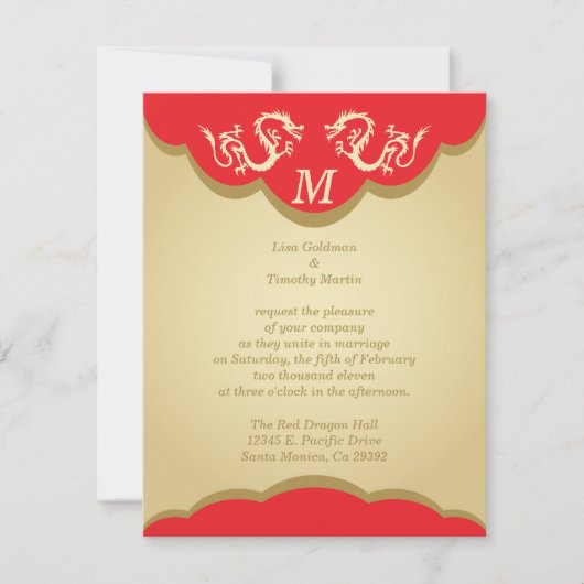 Twee dragons Monogrammed Asian Wedding Invitation Kaart (Voorkant)