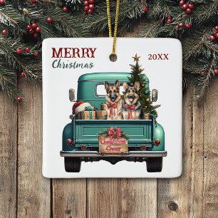 Twee Duitse Herdershonden Retro Truck Kerstmis Keramisch Ornament