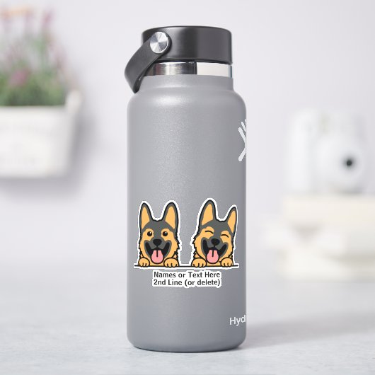 Twee Duitse Shepherd Dog Cartoon voegt naamtekst t Sticker (HydroFlask)