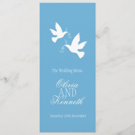 Twee duiven blauw en wittebruiloft diner menu