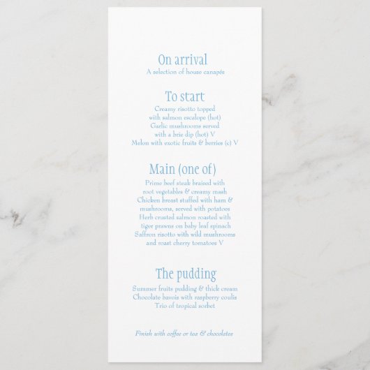 Twee duiven blauw en wittebruiloft diner menu (Achterkant)