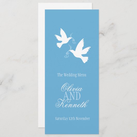 Twee duiven blauw en wittebruiloft diner menu (Voorkant / Achterkant)