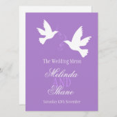 Twee duiven paarse & witte bruiloft diner menu (Voorkant / Achterkant)