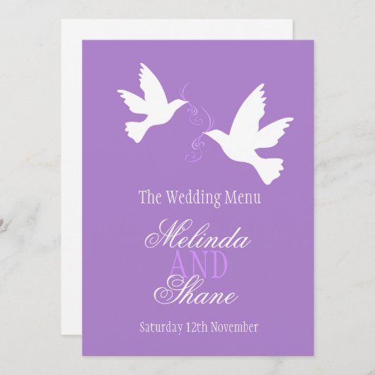 Twee duiven paarse & witte bruiloft diner menu (Voorkant / Achterkant)