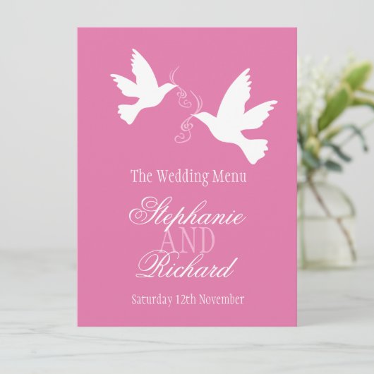 Twee duiven roze & wit bruiloft diner menu (Staand voorkant)