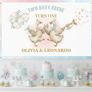 Twee Dwaas Ganze Jongen & Meisjes Tweeling Verjaar Spandoek