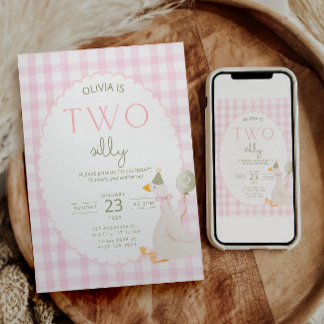 Twee Dwaze Gans Verjaardagsuitnodiging Roze Gingha Kaart
