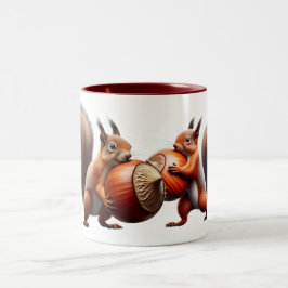 Twee eekhoorns kruisen met hun hazelnoten. tweekleurige koffiemok