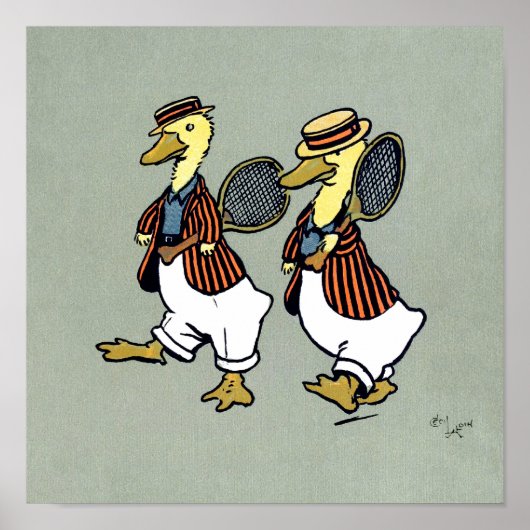 Twee eenden met gestreepte jassen en tennisrackets poster (Voorkant)