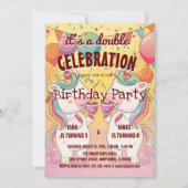 Twee Eenhoorns en Ballonnen Dubbele Verjaardagsfee Kaart (Voorkant)