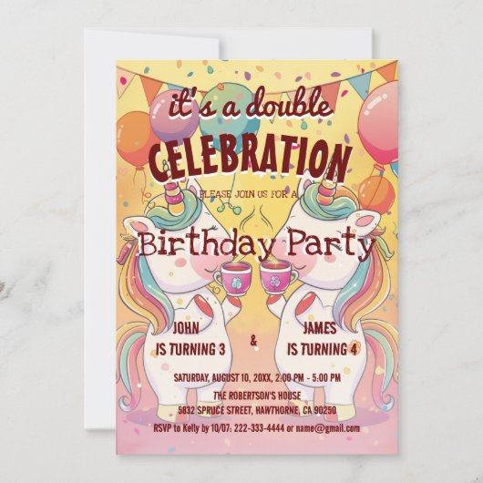 Twee Eenhoorns en Ballonnen Dubbele Verjaardagsfee Kaart (Voorkant)