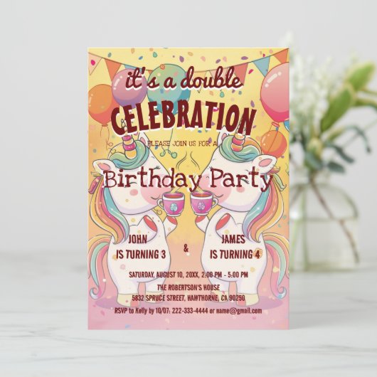 Twee Eenhoorns en Ballonnen Dubbele Verjaardagsfee Kaart (Staand voorkant)