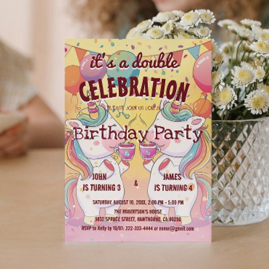 Twee Eenhoorns en Ballonnen Dubbele Verjaardagsfee Kaart