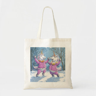 Twee eenhoorns in een sneeuwoutfit tote bag