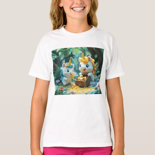 Twee eenhoorns met schatkist t-shirt (Voorkant)