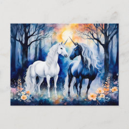 Twee eenhoorns staan samen onder de sterrenhemel briefkaart